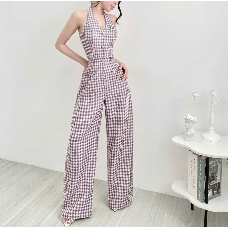 Jumpsuit dài basic kẻ