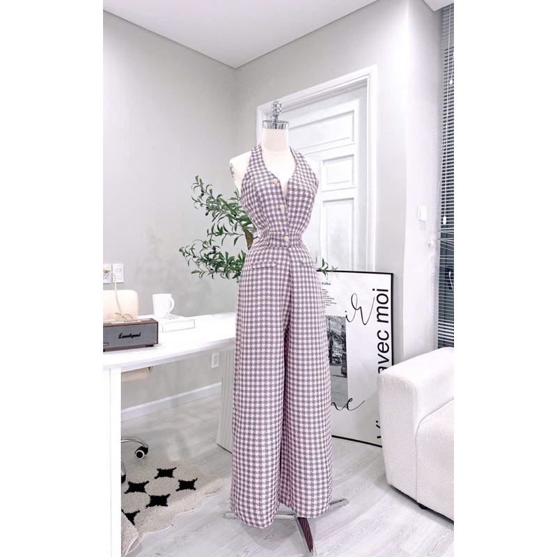 Jumpsuit dài basic kẻ