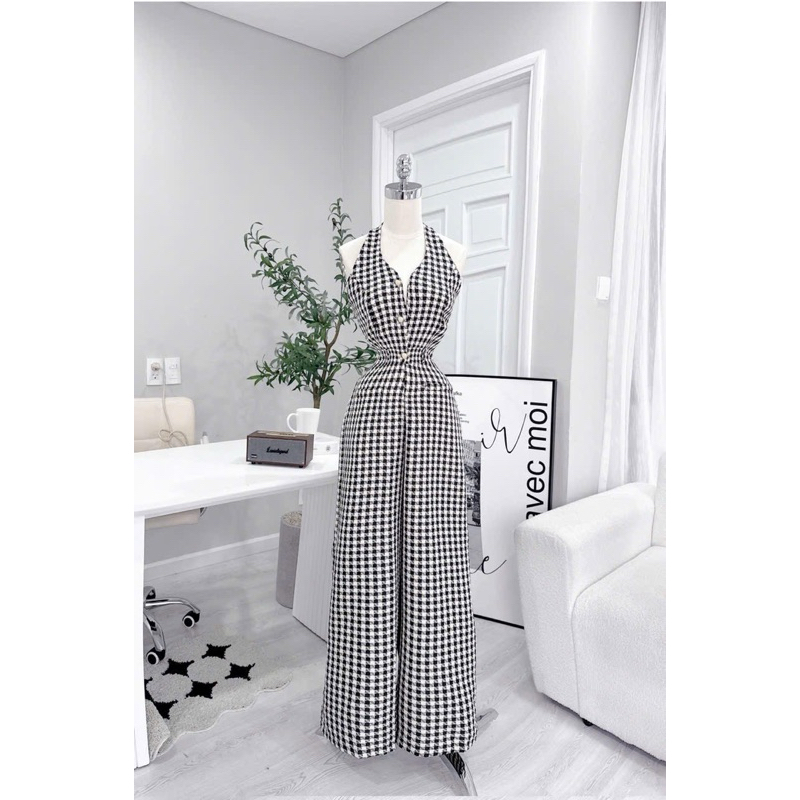 Jumpsuit dài basic kẻ