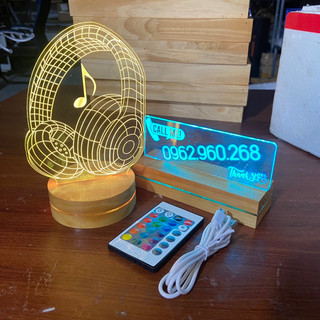 Đế gỗ led 3d dùng pin sạc - đèn ngủ 16 màu rgb