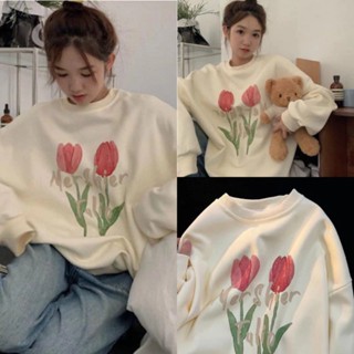  Áo Nỉ Sweater Nữ Form Rộng Vải Nỉ Bông Dày Dặn IN 2 HOA HỒNG phong cách Ulzzang HALUSA M1159 