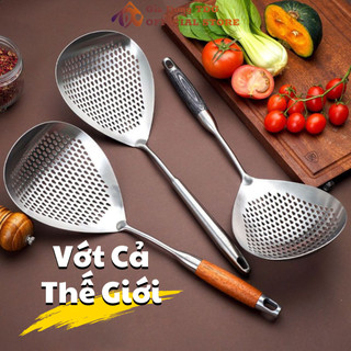 Muôi thủng siêu to inox 304 cán gỗ muỗng vớt thức ăn cán gỗ dài cách nhiệt siêu bền