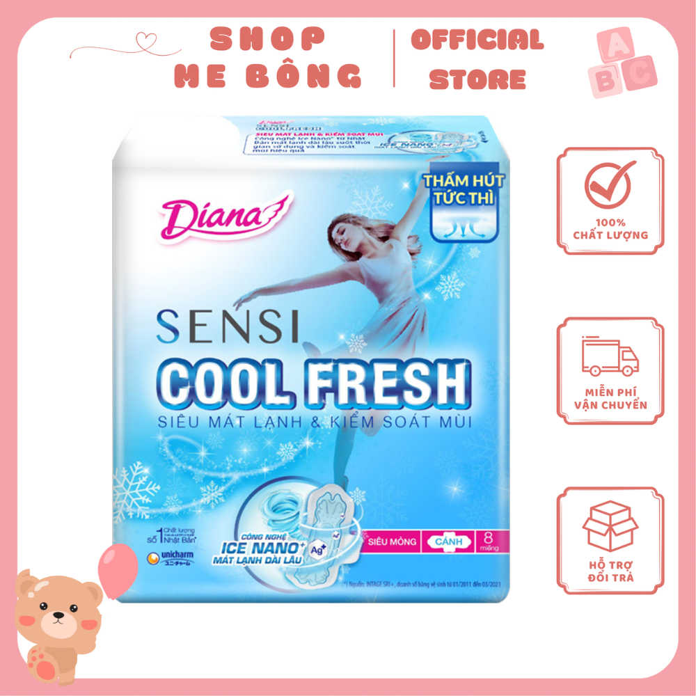 [Bịch 8 miếng] Băng vệ sinh Diana Sensi Cool Fresh siêu mỏng cánh 23cm