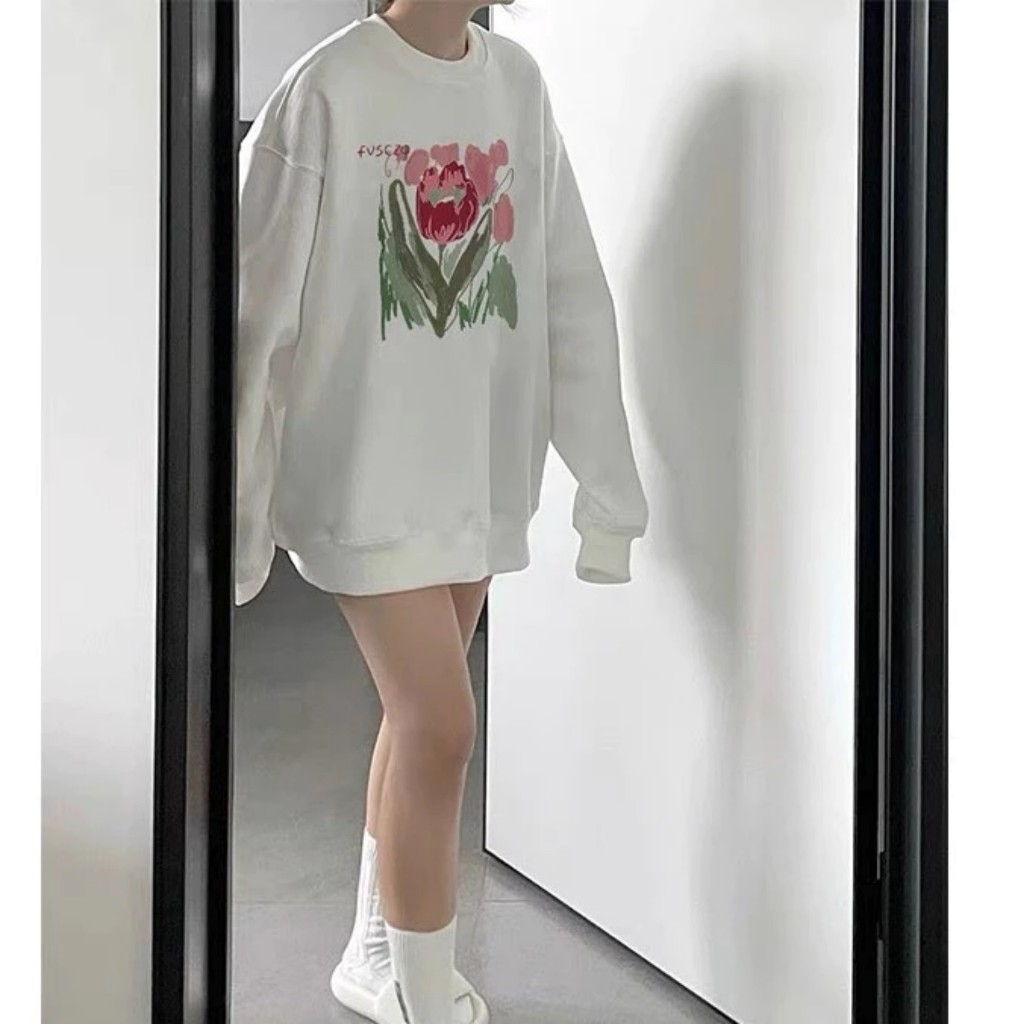 Áo Nỉ Sweater Nữ Form Rộng Vải Nỉ Bông Dày Dặn IN 2 HOA HỒNG phong cách Ulzzang AVATEN M1159