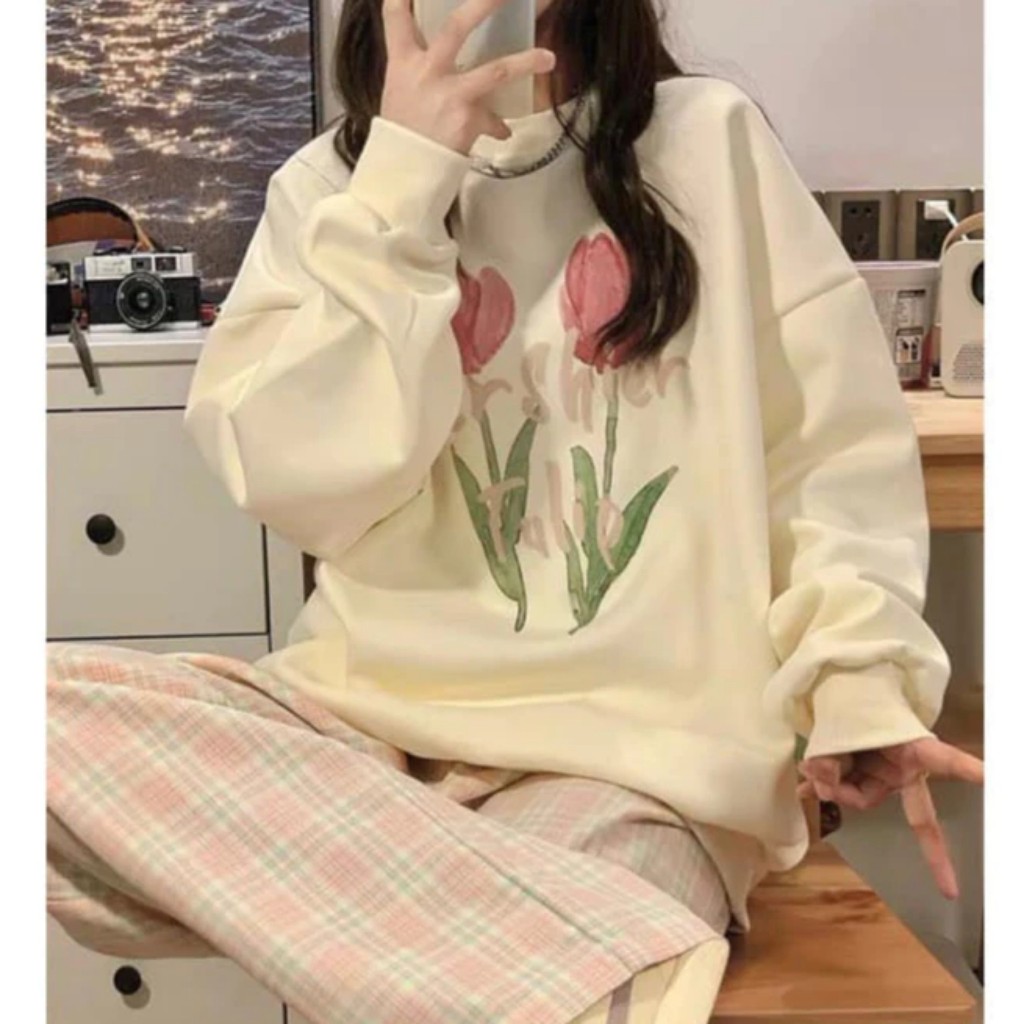Áo Nỉ Sweater Nữ Form Rộng Vải Nỉ Bông Dày Dặn IN 2 HOA HỒNG phong cách Ulzzang AVATEN M1159