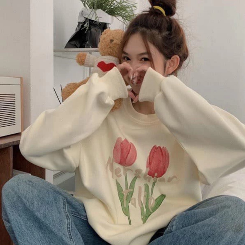 Áo Nỉ Sweater Nữ Form Rộng Vải Nỉ Bông Dày Dặn IN 2 HOA HỒNG phong cách Ulzzang AVATEN M1159