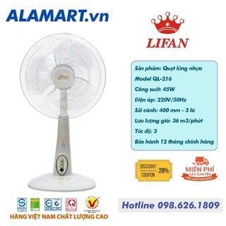 Quạt lửng Lifan Ql-216 động cơ dây đồng 45w sải cánh 400 mm hoạt động êm ái