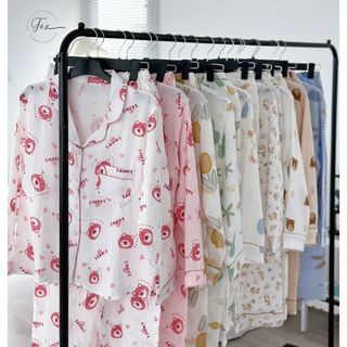 Bộ mặc nhà Pyjama chất xô muslin Tea Store tay dài quần dài họa tiết dễ thương