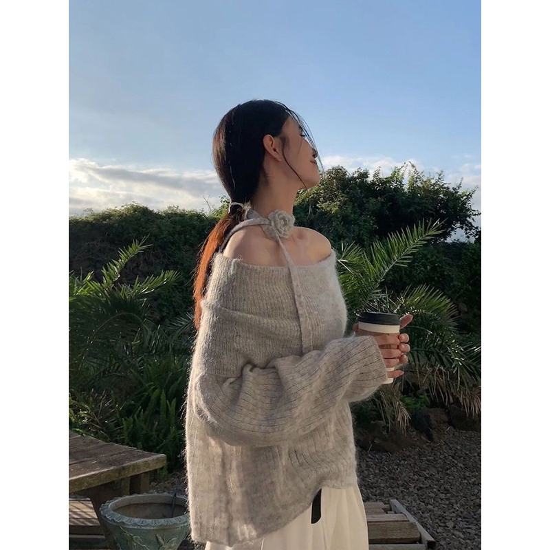 Áo len trễ vai cổ chéo tiểu thư kiểu , áo len đơn giản trơn qc loại 1