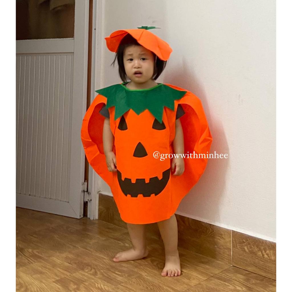 🍄 Halloween Hóa Trang Quả Bí Ngô Cho Bé. Trang Phục Bí Ngô Màu Cam Kèm Mũ Cho Bé Free Size