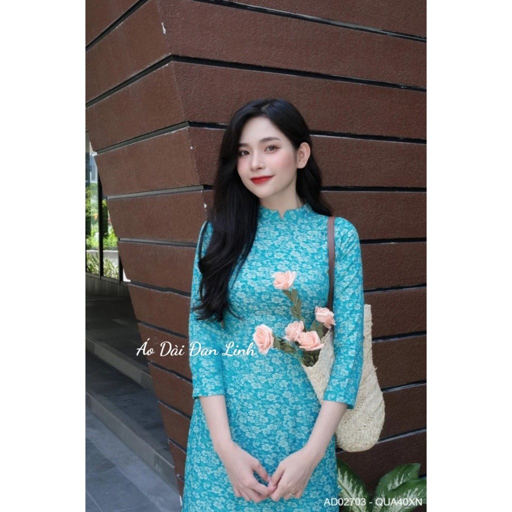 Áo dài gấm Thanh Liễu cao cấp màu xanh dương - Áo Dài Đan Linh