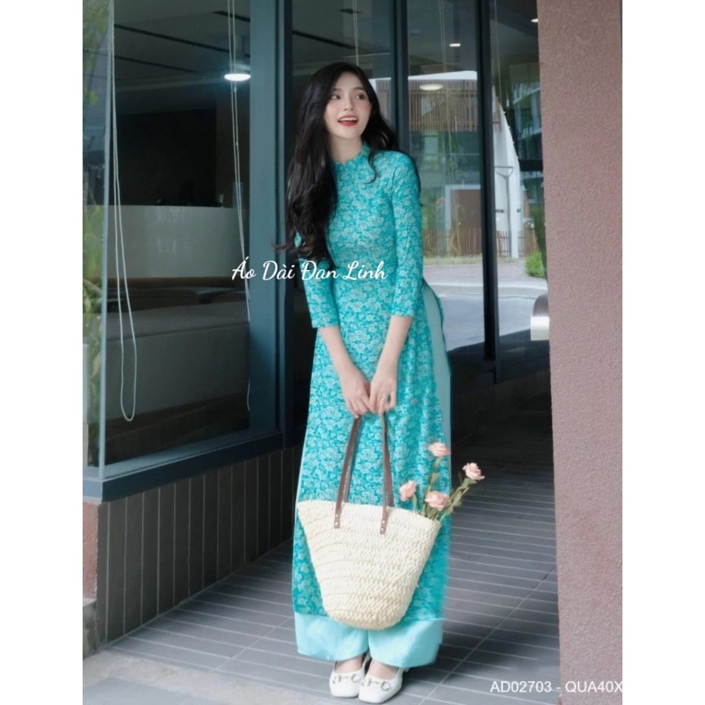 Áo dài gấm Thanh Liễu cao cấp màu xanh dương - Áo Dài Đan Linh