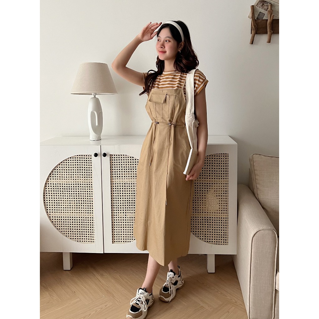 Set váy yếm nữ dáng dài suông rộng  kèm áo thun kẻ sọc - set đầm yếm suông dài 2 dây bản to kèm áo phông kẻ form rộng