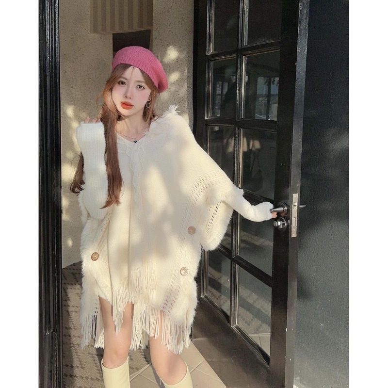 Áo choàng len có mũ bohemian thời trang Hàn Quốc