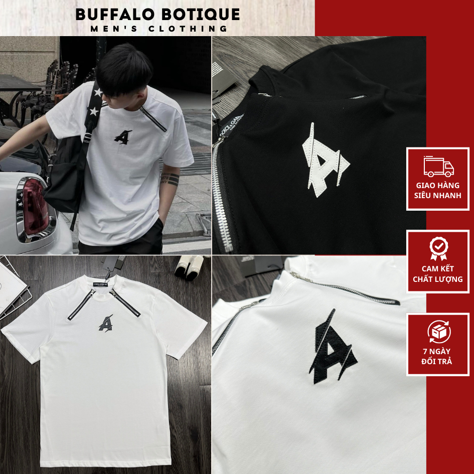 Áo Phông Nam Đờ Ét Quy Thêu Chữ A Siêu Nét - Áo Thun Nam Nữ D S Q Phối Khoá Viền Vai Cao Cấp