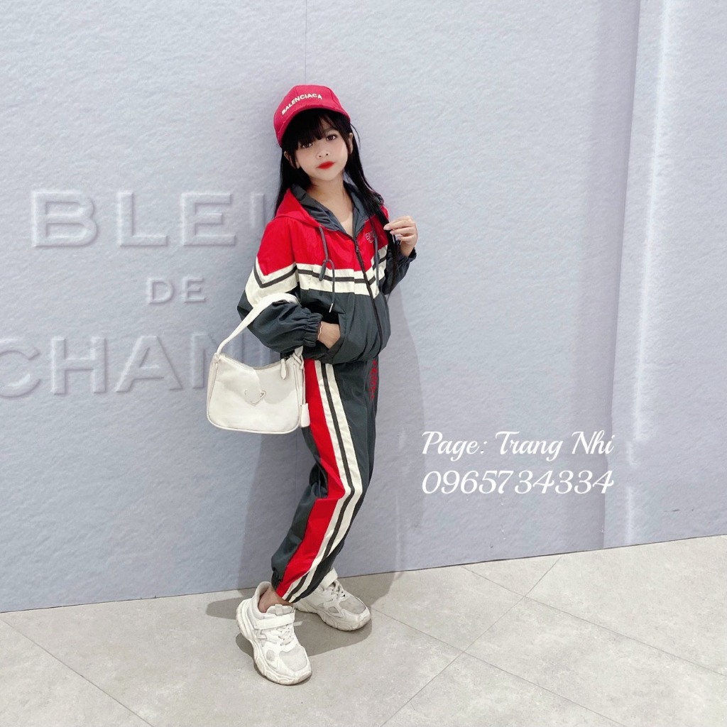 Sét bộ khoác gió thể thao phối màu có mũ mix quần xuông bo gấu cho bé gái size đại 19-45kg