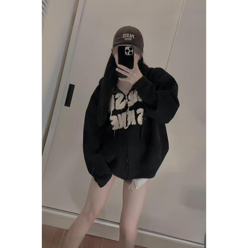 Áo Khoác Dáng Hoodie Thêu Chữ Xù Hàng QC