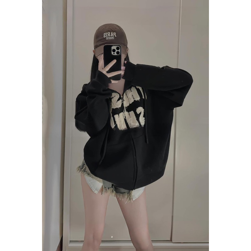 Áo Khoác Dáng Hoodie Thêu Chữ Xù Hàng QC