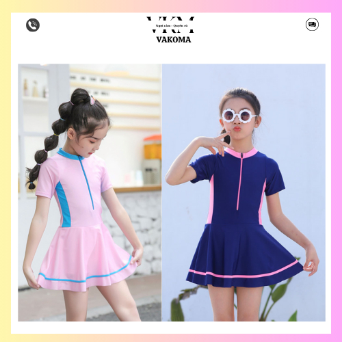 Bikini bé gái đồ bơi cho bé liền thân phối váy bên trong có quần đùi kín đáo VAKOMA BG-01