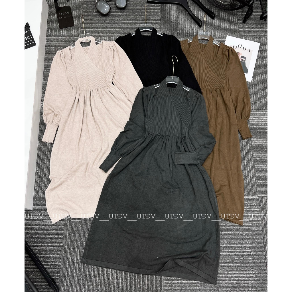 Váy len tăm tay bo xòe cổ yếm 4 màu dáng dài dày dặn