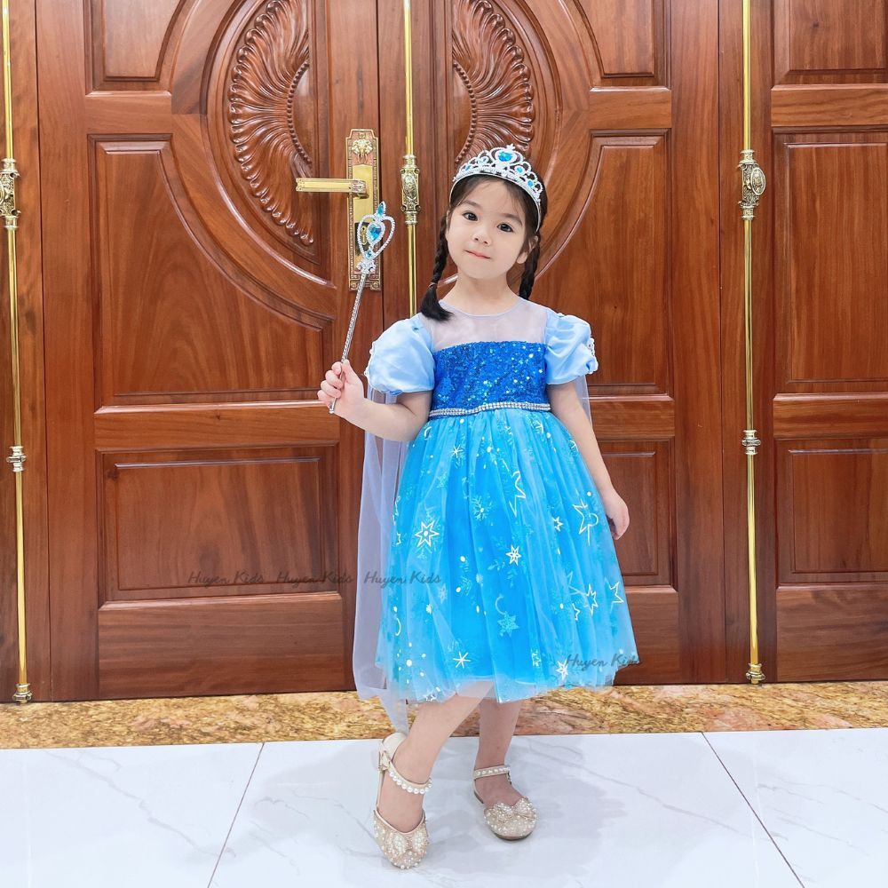 Váy Elsa Bé Gái Thiết Kế Kèm Áo Choàng Bờm Nơ, Đầm Elsa Bé Gái Cao Cấp