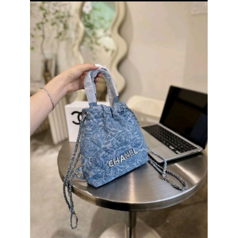 Balo rút cầm tay lót nhung chất Jean hoa trà cá tính sang trọng