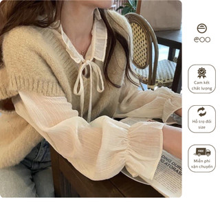 Set sơ mi gile set áo kiểu nữ trắng be gile len dày dặn vintage tiểu thư eooshop