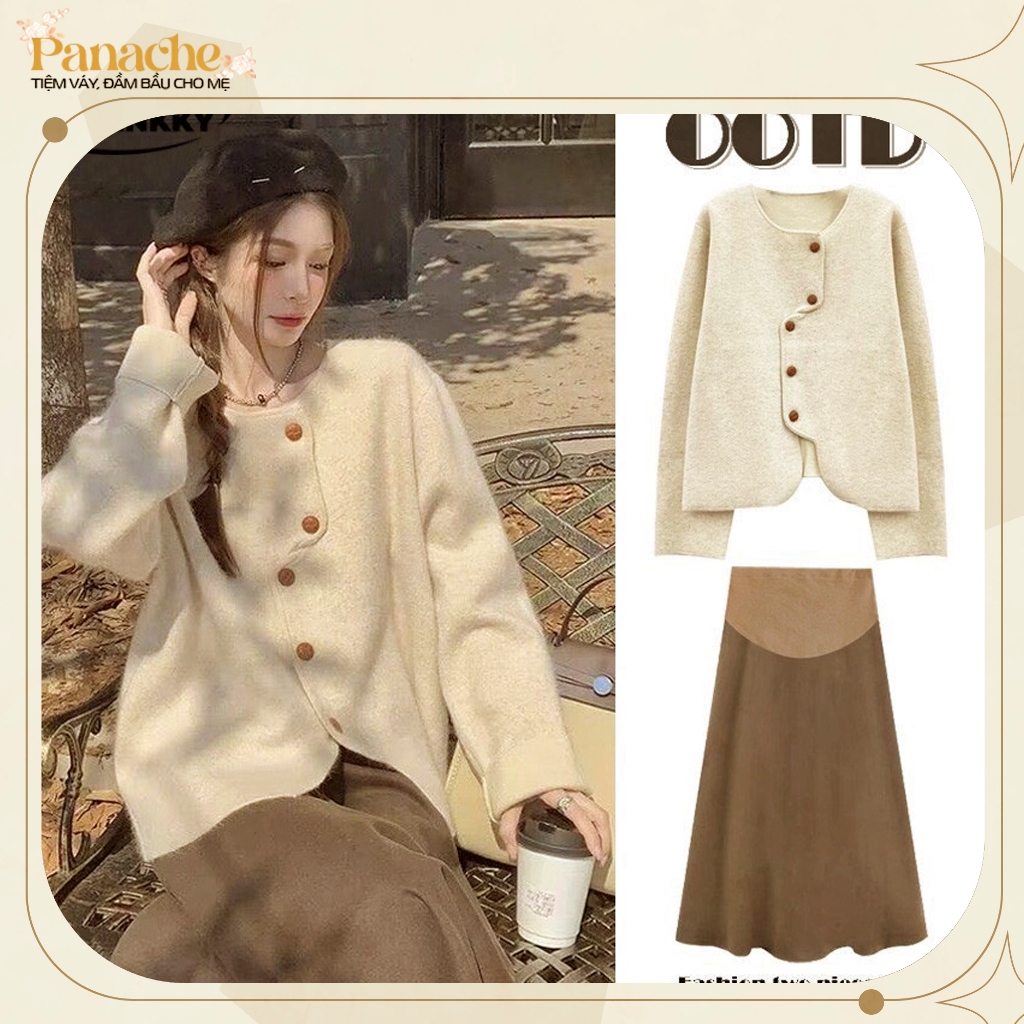 Set váy bầu tết Set áo len bầu cardigan + Chân váy bầu mùa đông
