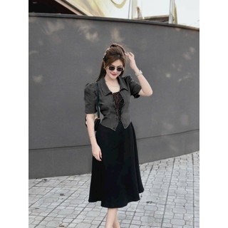 Sét Đầm Xòe 2 Dây Phối Khoác Jean Tay Ngắn Đan Dây Sam Closet Phù Hợp Để Tới Công Sở, Đi Làm Hoặc Đi Chơi.