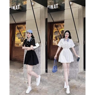 Đầm dạo phố thời trang nữ chất vải kaki phối cổ áo jean tay ngắn có dây rút eo,