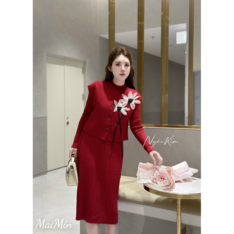 Set gile hoa 3D váy len chân dập ly hàng QC chất đanh mịn