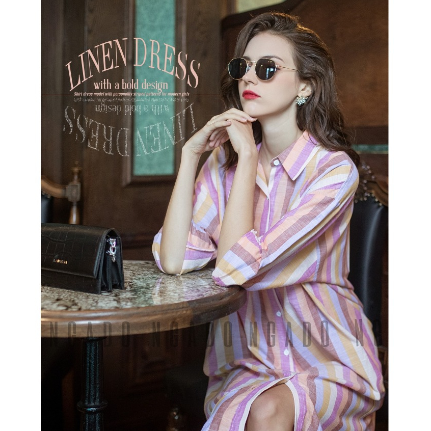 Đầm sơ mi linen sọc dài tay NGADO, Đầm công sở, đầm thiết kế, váy thiết kế