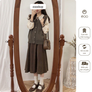 Set áo chân váy set áo sơ mi gile len chân váy dài xếp ly be nâu vintage retro eooshop