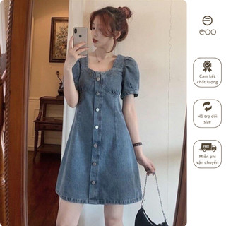 Váy bò ngắn cổ vuông váy jean ngắn chiết eo tôn dáng sang chảnh kéo khóa lưng eooshop