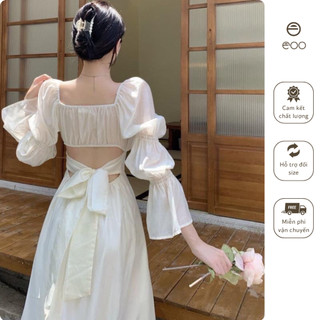 Đầm maxi hở lưng tay bồng váy maxi dáng dài xòe bo chun buộc nơ lưng sang chảnh eooshop