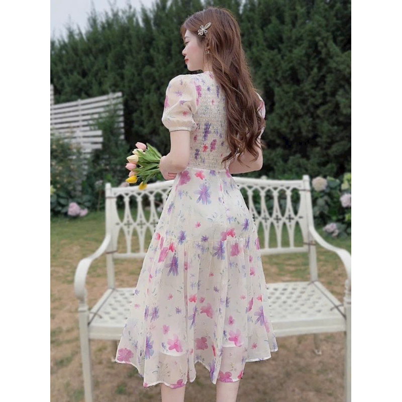 Đầm thời trang nữ mặc đi chơi chất vải voan hoa mocking thân sau màu y hình,