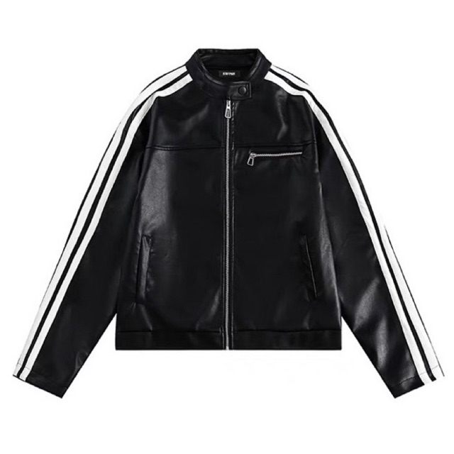 Double Stripe Leather Jacket - Áo khoác da màu đen sọc trắng khoá zip streetwear