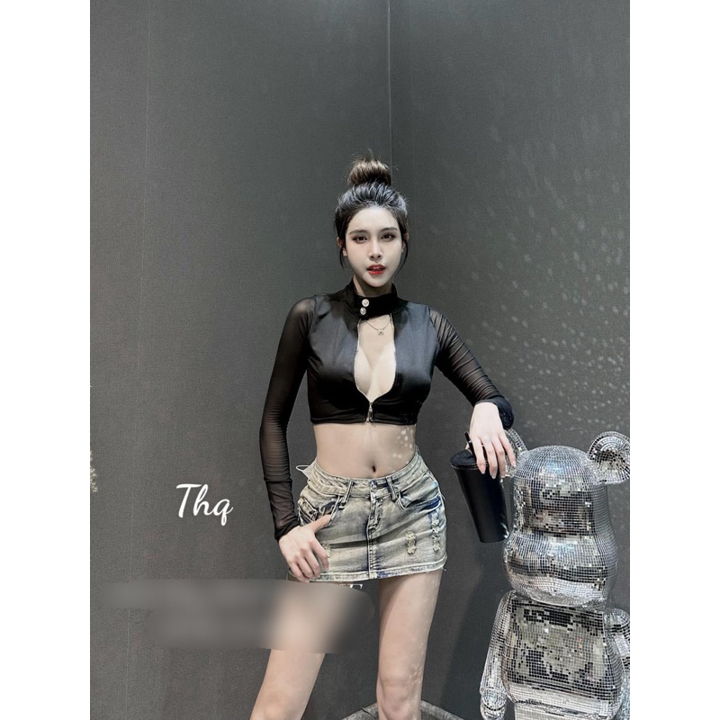 Áo pha lưới cúc cổ hót hít