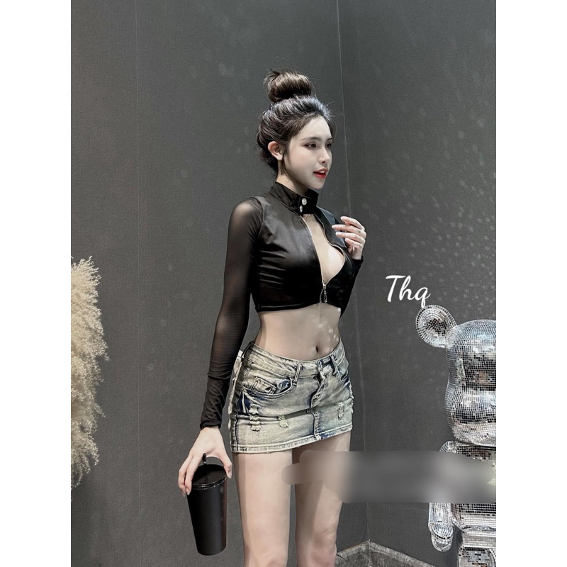 Áo pha lưới cúc cổ hót hít