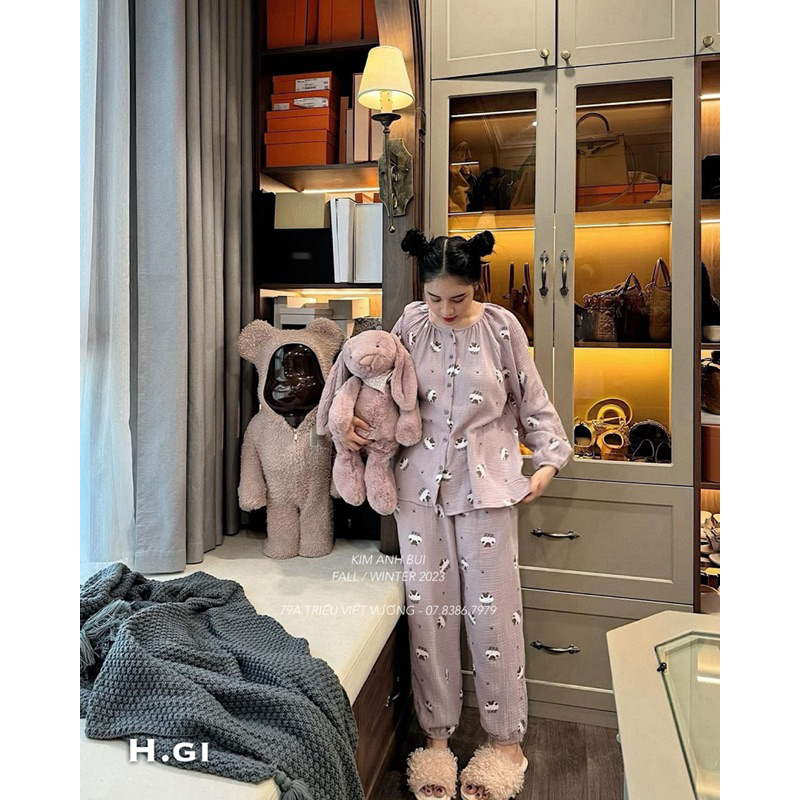 Bộ ngủ xô muslin mềm mại siêu yêu màu tím siêu cưng
