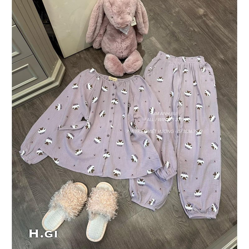 Bộ ngủ xô muslin mềm mại siêu yêu màu tím siêu cưng