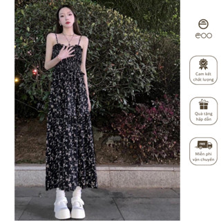 [Hàng Trung] Váy hoa nhí 2 dây đen dáng dài váy 2 dây hoa nhí tôn da tiểu thư sang chảnh eooshop V02