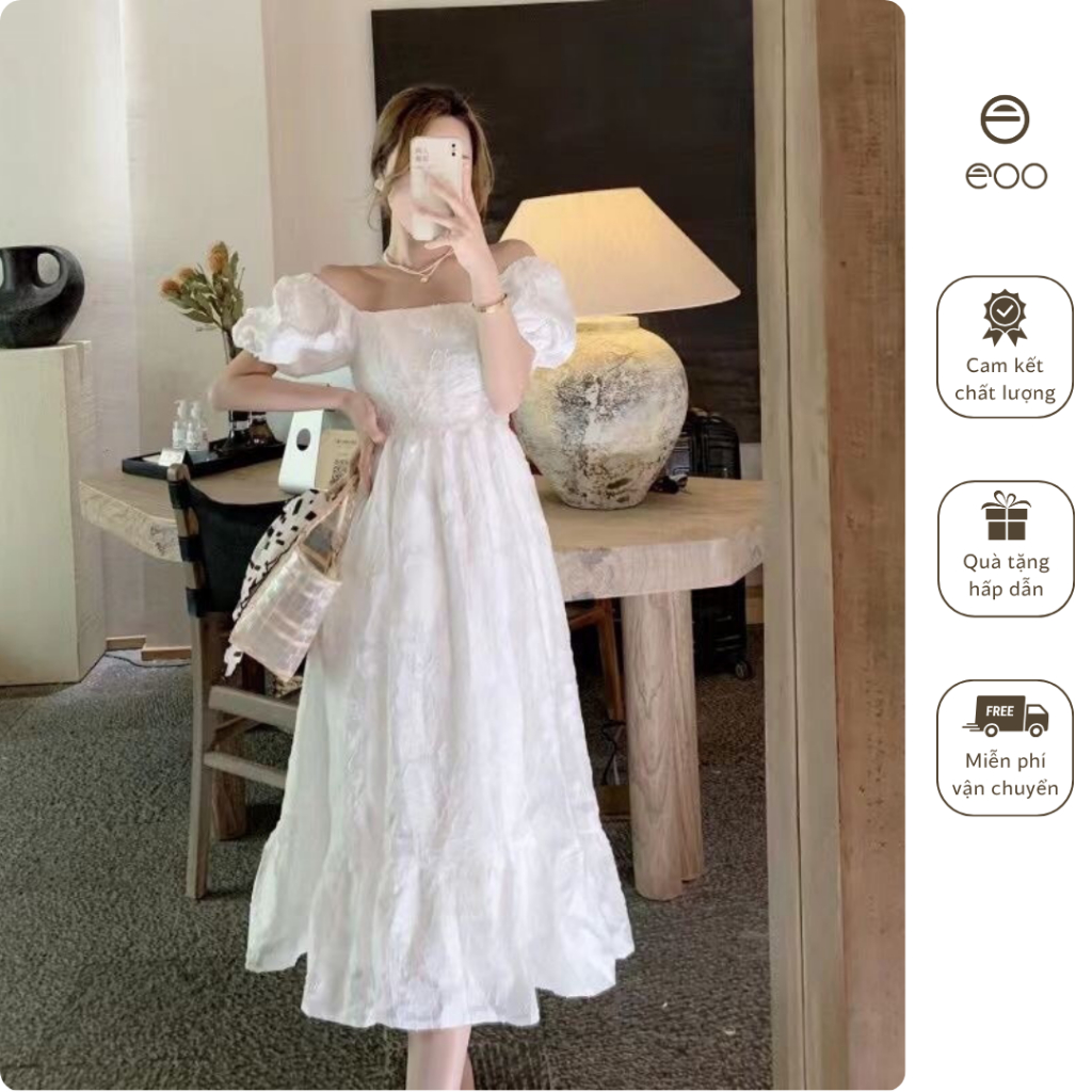 Váy maxi trắng họa tiết váy dài xòe ren đi tiệc tiểu thư sang chảnh eooshop