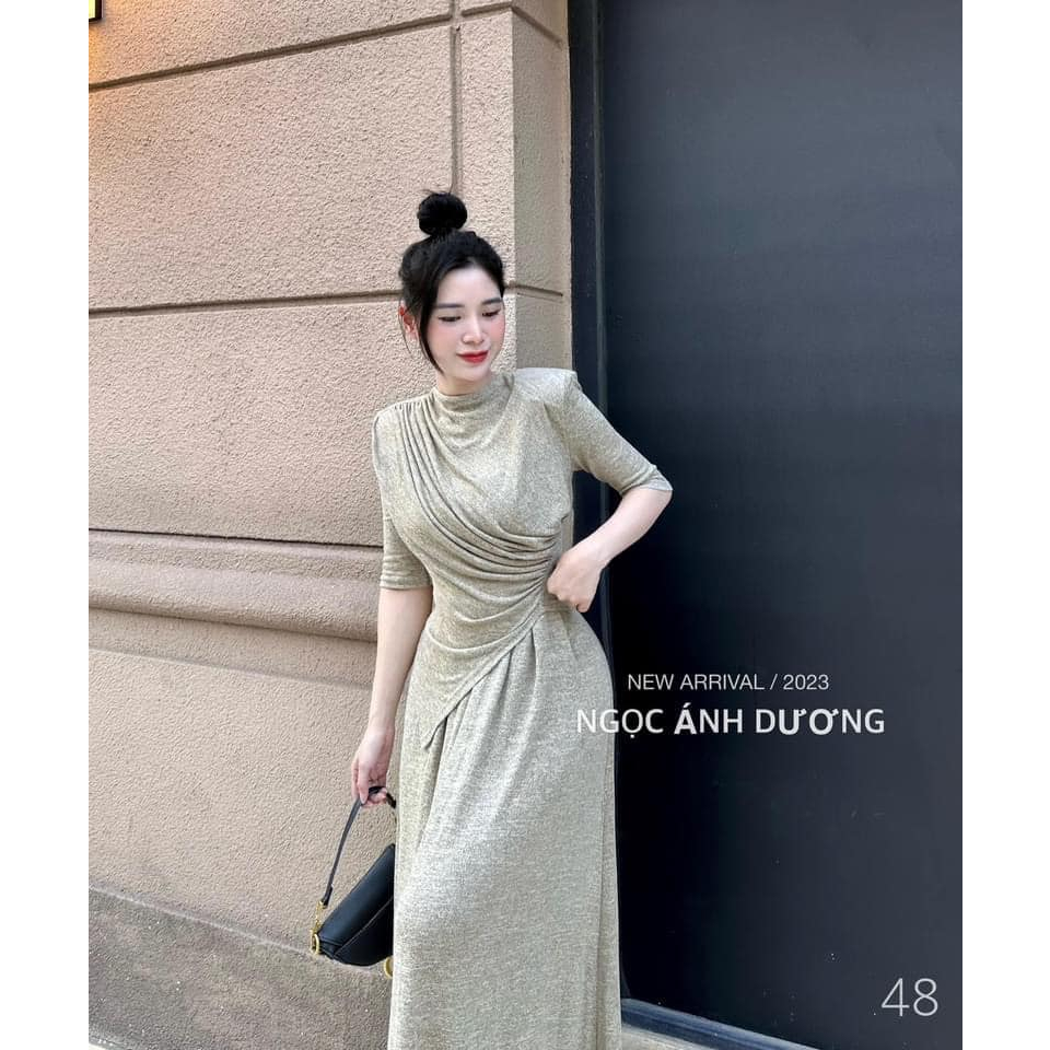 Sét áo chiết eo vạt lệch cộc tay + váy dáng dài 2 màu