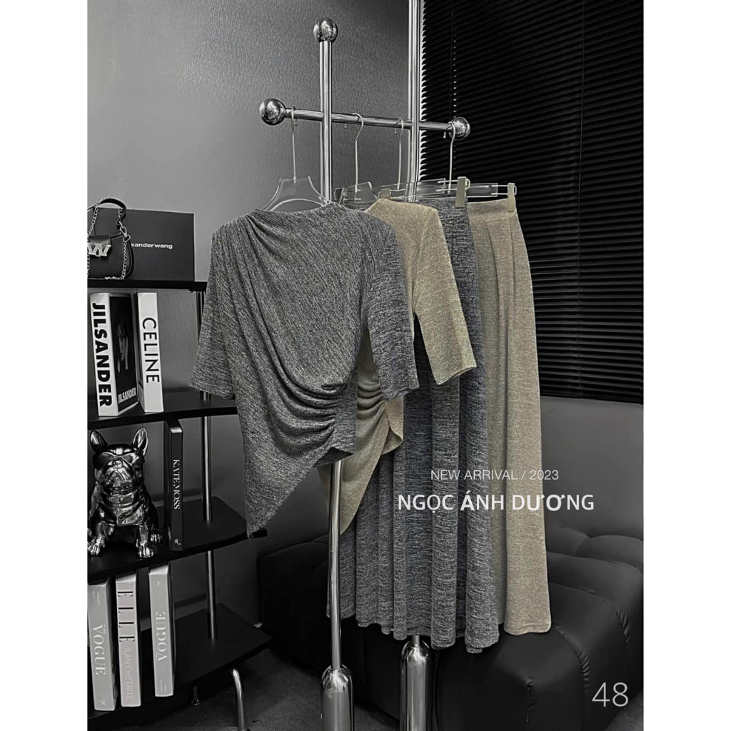 Sét áo chiết eo vạt lệch cộc tay + váy dáng dài 2 màu