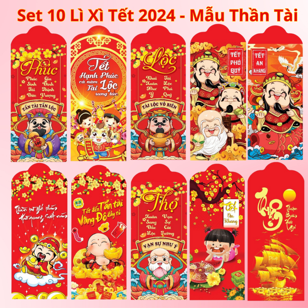 Set 10 Phong Bao Lì Xì Tết 2024 Mẫu Thần Tài Đóng Sẵn Túi Bóng Kính Nhiều Mẫu Tùy Chọn