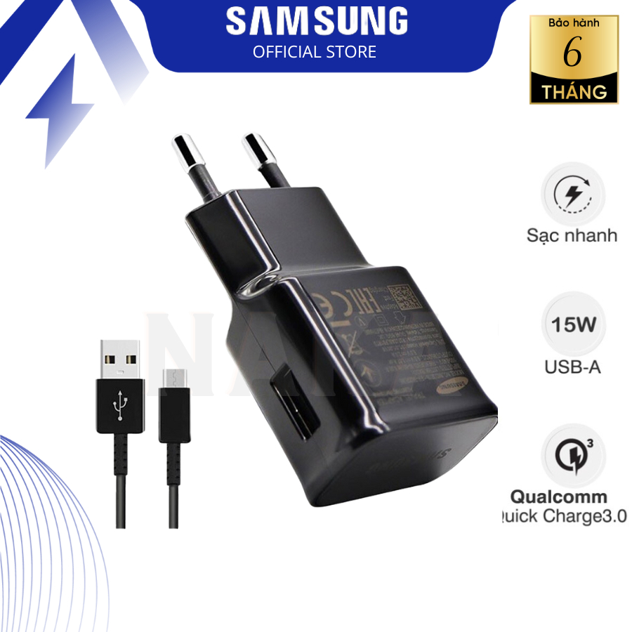 Sạc Samsung 15w Sạc Nhanh Cho S8, S9, S10, Note 8, Note 9, J5, J7 A50 cổng Type C và Micro kèm dây sạc Samsung - BH 6