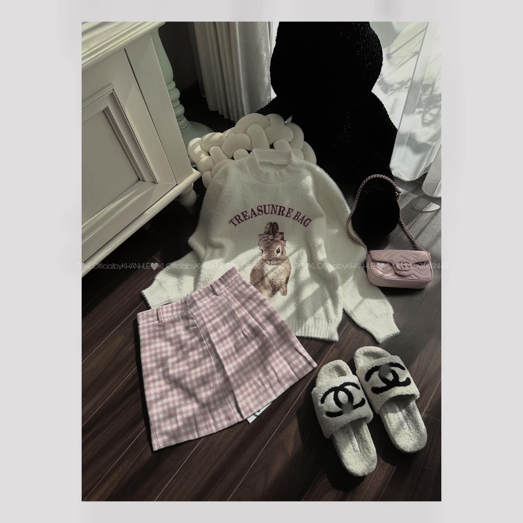 Áo Len Sweater Dài Tay Họa Tiết Thỏ Dáng Rộng Giấu Quần Trùm Mông Freesize