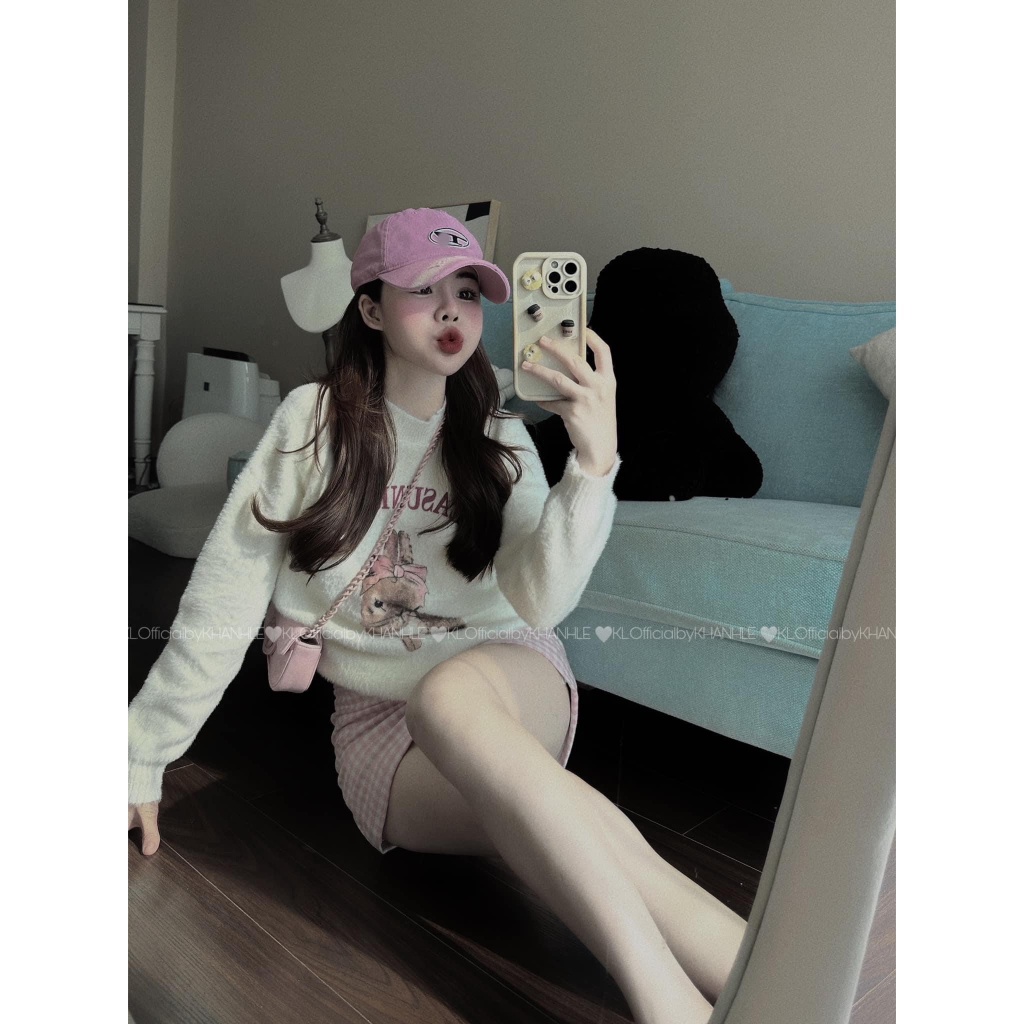 Áo Len Sweater Dài Tay Họa Tiết Thỏ Dáng Rộng Giấu Quần Trùm Mông Freesize