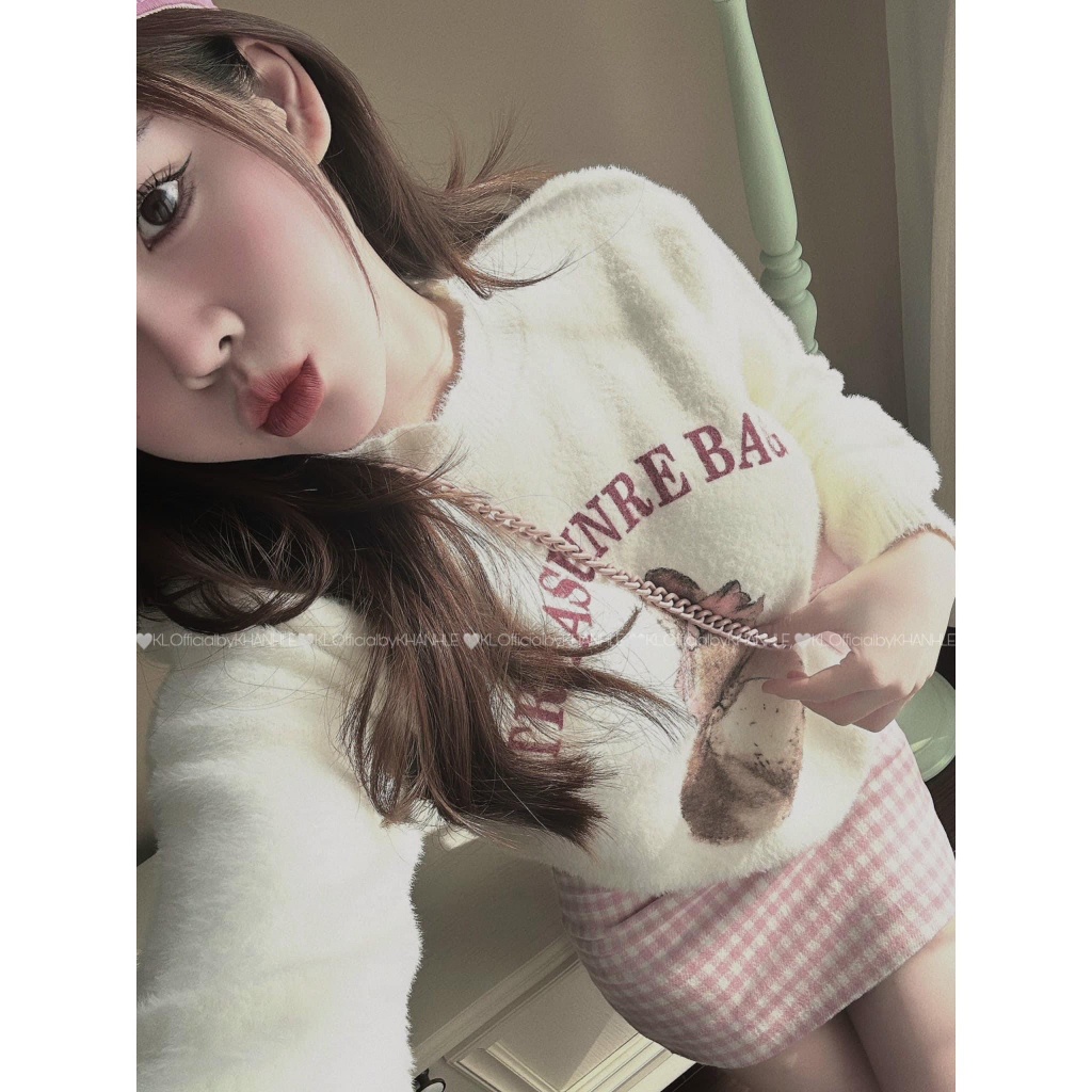 Áo Len Sweater Dài Tay Họa Tiết Thỏ Dáng Rộng Giấu Quần Trùm Mông Freesize